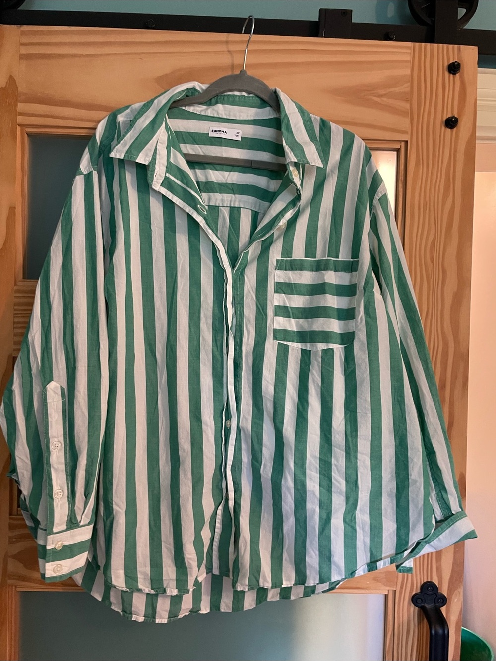 Striped Green and White Casual Button-Up Shirt - women